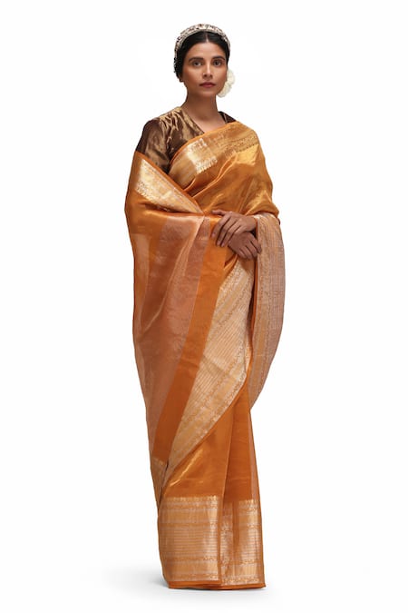 Mimamsaa_Orange Embroidery, Beads Round Neck Swadha Tissue Silk Saree Set _Online_at_Aza_Fashions