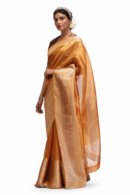 Buy_Mimamsaa_Orange Embroidery, Beads Round Neck Swadha Tissue Silk Saree Set _Online_at_Aza_Fashions