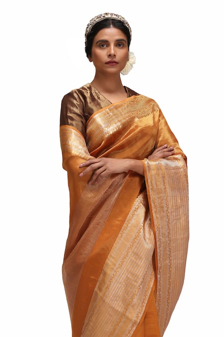 Shop_Mimamsaa_Orange Embroidery, Beads Round Neck Swadha Tissue Silk Saree Set _Online_at_Aza_Fashions