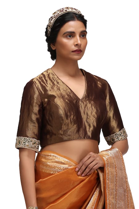 Mimamsaa_Orange Embroidery, Beads Round Neck Swadha Tissue Silk Saree Set _at_Aza_Fashions