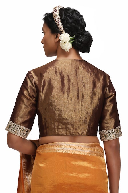 Buy_Mimamsaa_Orange Embroidery, Beads Round Neck Swadha Tissue Silk Saree Set 