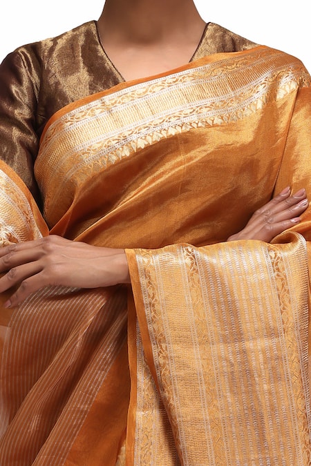 Shop_Mimamsaa_Orange Embroidery, Beads Round Neck Swadha Tissue Silk Saree Set 