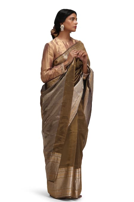 Buy_Mimamsaa_Gold Tissue, Silk Round Neck Prakruti Saree Set _Online_at_Aza_Fashions