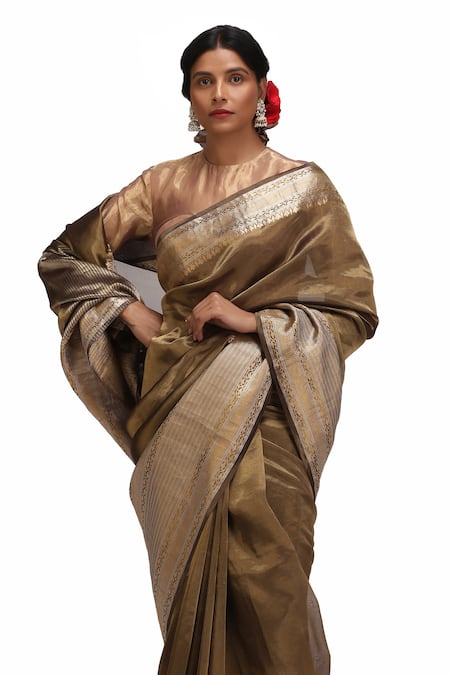 Buy_Mimamsaa_Gold Tissue, Silk Round Neck Prakruti Saree Set 