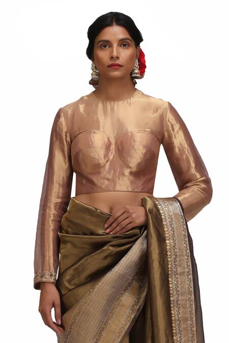 Shop_Mimamsaa_Gold Tissue, Silk Round Neck Prakruti Saree Set 