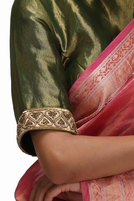 Mimamsaa_Pink Tissue, Silk Embroidery Round Neck Epshita Saree Set _Online_at_Aza_Fashions