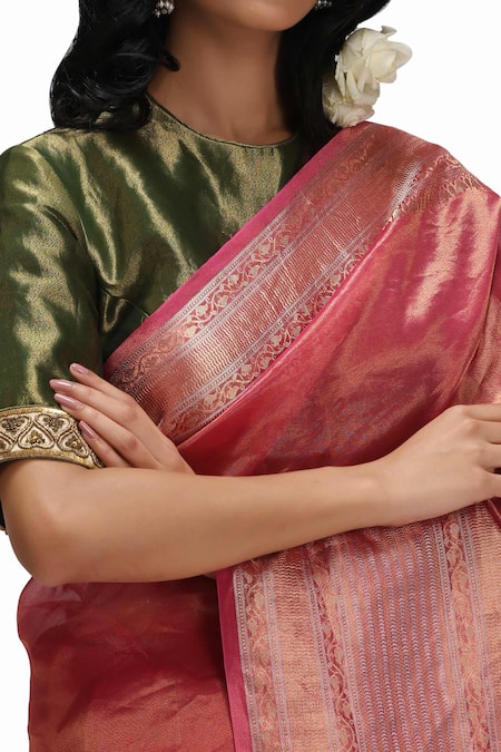 Buy_Mimamsaa_Pink Tissue, Silk Embroidery Round Neck Epshita Saree Set _Online_at_Aza_Fashions