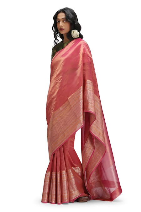 Mimamsaa_Pink Tissue, Silk Embroidery Round Neck Epshita Saree Set _at_Aza_Fashions