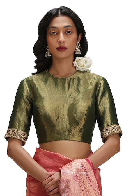 Buy_Mimamsaa_Pink Tissue, Silk Embroidery Round Neck Epshita Saree Set 