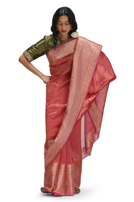Shop_Mimamsaa_Pink Tissue, Silk Embroidery Round Neck Epshita Saree Set 