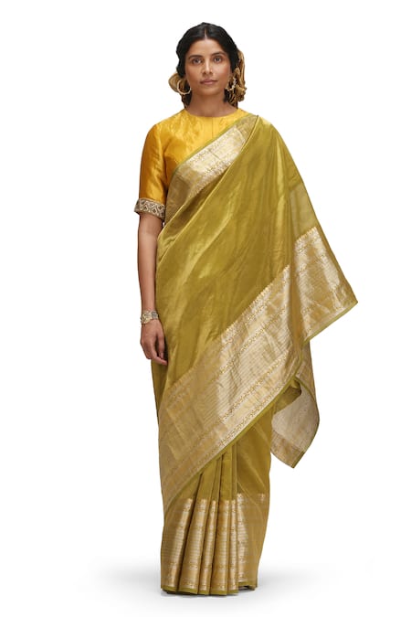 Mimamsaa_Olive Green Tissue, Silk Zari, Embroidery Round Neck Vagmi Saree Set _Online_at_Aza_Fashions