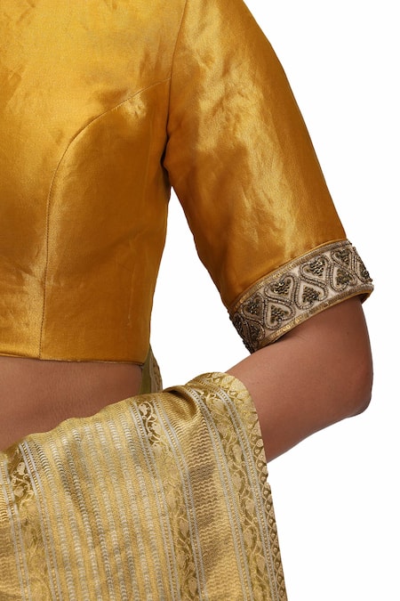 Buy_Mimamsaa_Olive Green Tissue, Silk Zari, Embroidery Round Neck Vagmi Saree Set _Online_at_Aza_Fashions