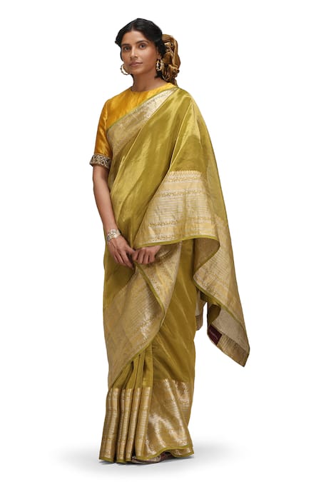 Shop_Mimamsaa_Olive Green Tissue, Silk Zari, Embroidery Round Neck Vagmi Saree Set _Online_at_Aza_Fashions