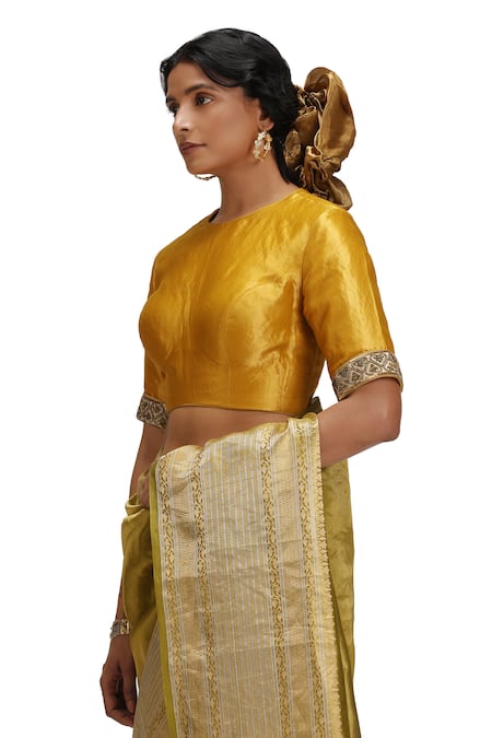 Mimamsaa_Olive Green Tissue, Silk Zari, Embroidery Round Neck Vagmi Saree Set _at_Aza_Fashions