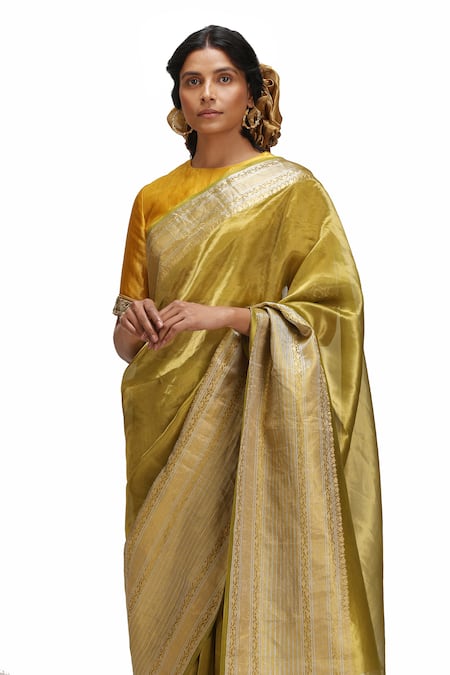 Buy_Mimamsaa_Olive Green Tissue, Silk Zari, Embroidery Round Neck Vagmi Saree Set 