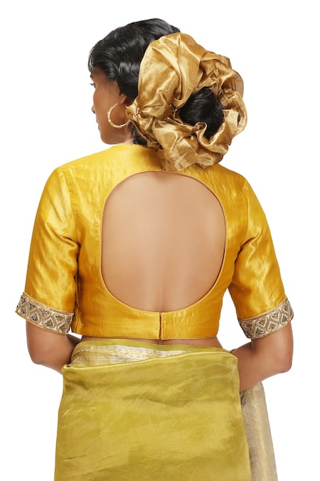 Shop Mimamsaa Olive Green Tissue, Silk Zari, Embroidery Round Neck Vagmi Saree Set Shop_Mimamsaa_Olive Green Tissue, Silk Zari, Embroidery Round Neck Vagmi Saree Set