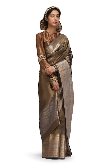 Mimamsaa_Gold Tissue, Silk Zari, Embroidery Round Neck Padamakshi Saree Set _Online_at_Aza_Fashions