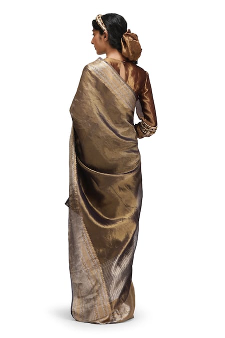 Shop_Mimamsaa_Gold Tissue, Silk Zari, Embroidery Round Neck Padamakshi Saree Set _at_Aza_Fashions