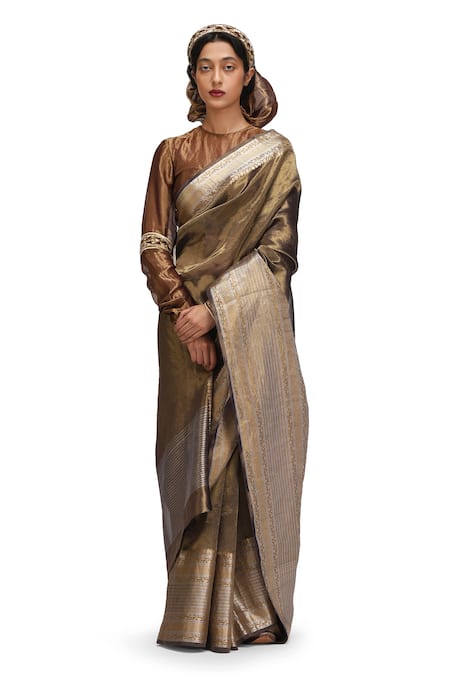 Buy_Mimamsaa_Gold Tissue, Silk Zari, Embroidery Round Neck Padamakshi Saree Set _Online_at_Aza_Fashions