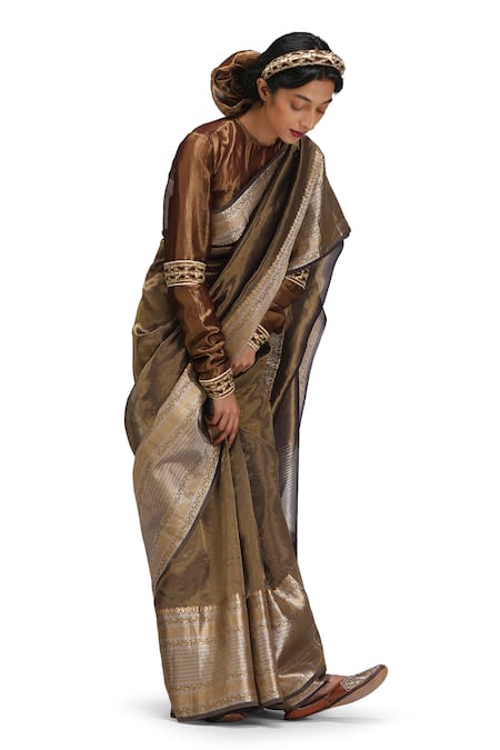 Shop_Mimamsaa_Gold Tissue, Silk Zari, Embroidery Round Neck Padamakshi Saree Set _Online_at_Aza_Fashions