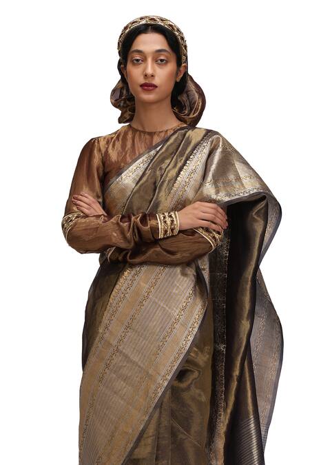 Mimamsaa_Gold Tissue, Silk Zari, Embroidery Round Neck Padamakshi Saree Set _at_Aza_Fashions