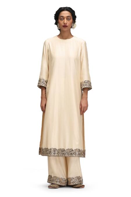 Shop_Mimamsaa_Ivory Silk, Organza Embroidery Round Neck Nandi Kurta Set With Dupatta _Online_at_Aza_Fashions