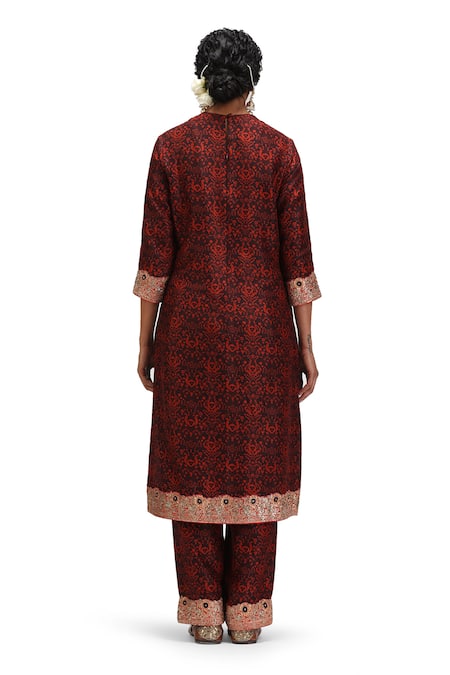 Shop_Mimamsaa_Maroon Silk, Organza Embroidery Round Shripada Printed Kurta Set With Dupatta 