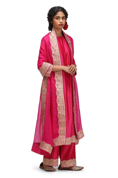 Shop_Mimamsaa_Pink Maheshwari, Organza Embroidery Round Neck Varahi Kurta Set _Online_at_Aza_Fashions