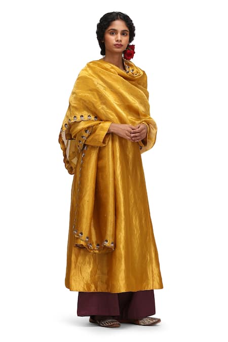 Buy_Mimamsaa_Mustard Tissue, Silk, Satin Embroidery, Sequins Round Punya Yellow Kurta Set _Online_at_Aza_Fashions