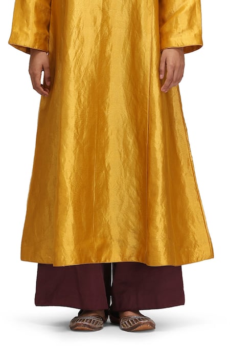Shop_Mimamsaa_Mustard Tissue, Silk, Satin Embroidery, Sequins Round Punya Yellow Kurta Set _Online_at_Aza_Fashions