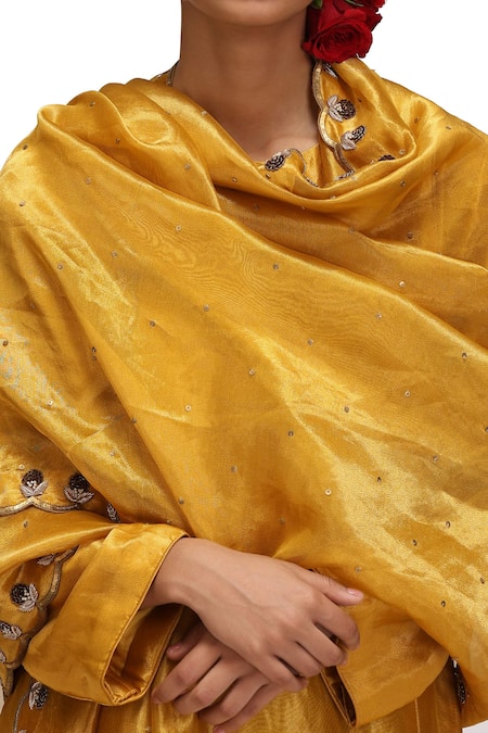 Mimamsaa_Mustard Tissue, Silk, Satin Embroidery, Sequins Round Punya Yellow Kurta Set _at_Aza_Fashions