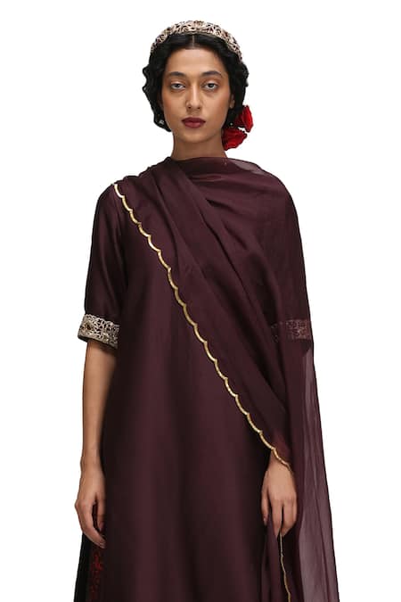 Mimamsaa_Maroon Muslin, Silk, Organza Embroidery Yashasvini Munga Kurta Set With Dupatta _Online_at_Aza_Fashions