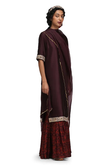 Shop_Mimamsaa_Maroon Muslin, Silk, Organza Embroidery Yashasvini Munga Kurta Set With Dupatta _Online_at_Aza_Fashions