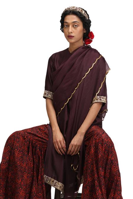 Shop_Mimamsaa_Maroon Muslin, Silk, Organza Embroidery Yashasvini Munga Kurta Set With Dupatta 