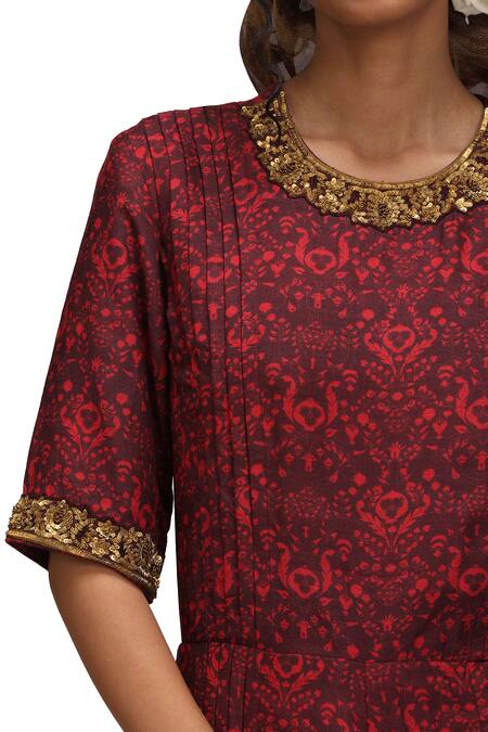 Buy_Mimamsaa_Maroon Embroidery Round Neck Pushti Jumpsuit _Online_at_Aza_Fashions