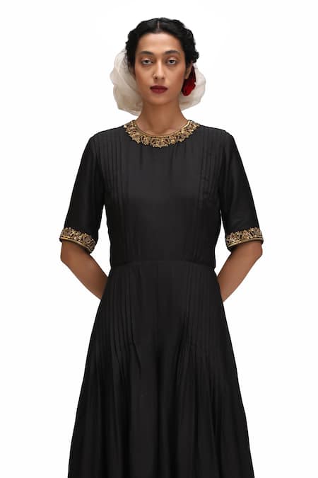 Mimamsaa_Black Embroidery Round Neck Suvrta Munga Silk Jumpsuit _Online_at_Aza_Fashions