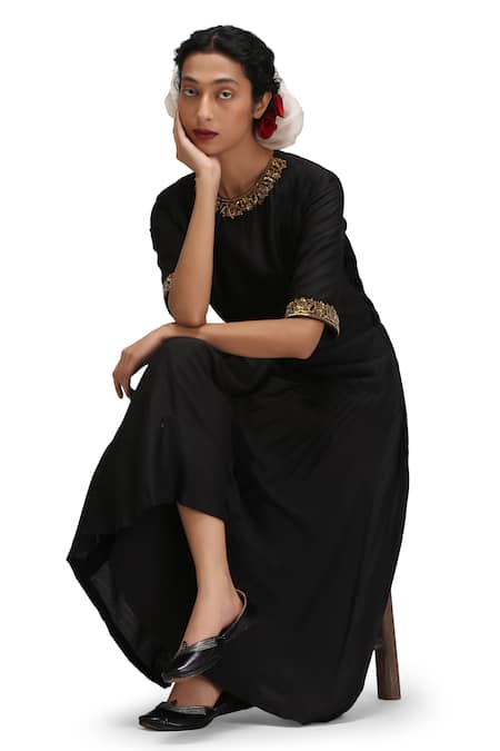 Shop_Mimamsaa_Black Embroidery Round Neck Suvrta Munga Silk Jumpsuit 
