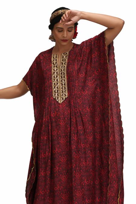 Shop_Mimamsaa_Maroon Embroidery Split V-neck Tushti Munga Silk Kaftan Set _Online_at_Aza_Fashions
