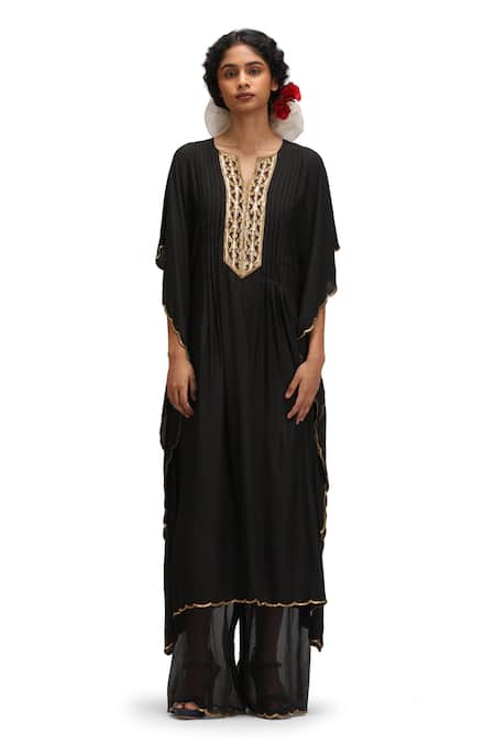Buy_Mimamsaa_Black Embroidery V-neck Chandika Munga Silk Kaftan And Pant Set _Online_at_Aza_Fashions