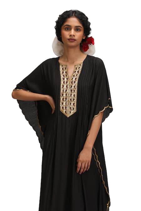Shop_Mimamsaa_Black Embroidery V-neck Chandika Munga Silk Kaftan And Pant Set _Online_at_Aza_Fashions