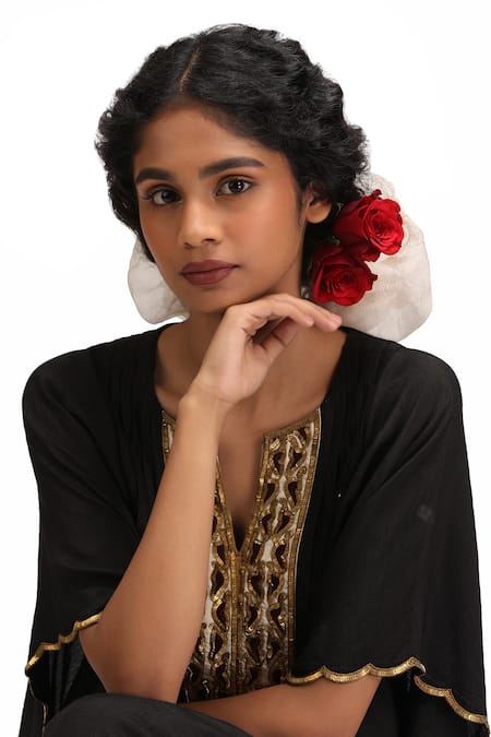 Shop_Mimamsaa_Black Embroidery V-neck Chandika Munga Silk Kaftan And Pant Set 