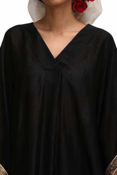 Shop_Mimamsaa_Black Silk Embroidery V-neck Subha Kaftan And Pant Set _Online_at_Aza_Fashions