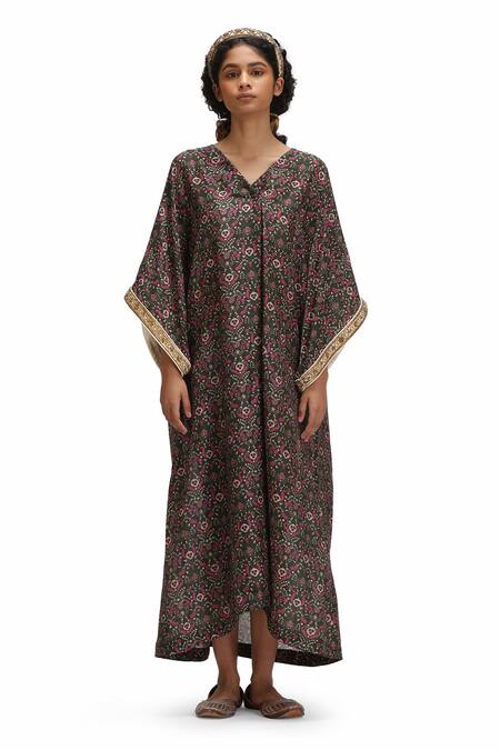 Shop_Mimamsaa_Green V-neck Vaidehi Floral Print Kaftan _Online_at_Aza_Fashions
