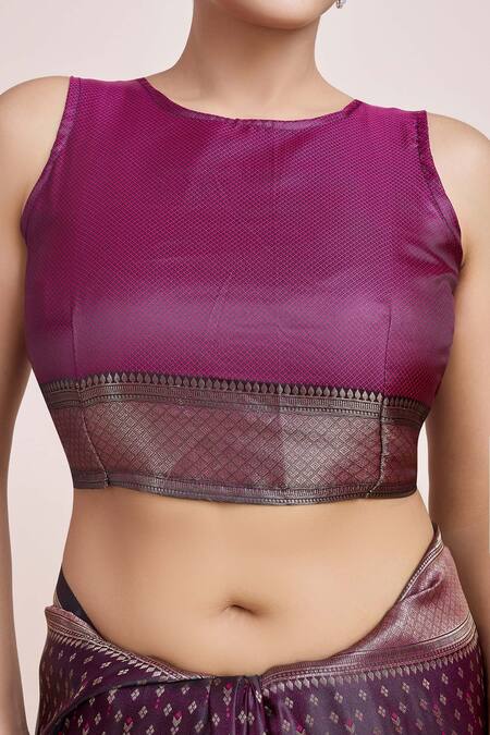 Buy Naintara Bajaj Wine Brocade, Silk Zari Round Neck Banarasi Saree Set Online at Aza Fashions Buy_Naintara Bajaj_Wine Brocade, Silk Zari Round Neck Banarasi Saree Set_Online_at_Aza_Fashions