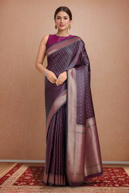 Naintara Bajaj Wine Brocade, Silk Zari Round Neck Banarasi Saree Set at Aza Fashions Naintara Bajaj_Wine Brocade, Silk Zari Round Neck Banarasi Saree Set_at_Aza_Fashions