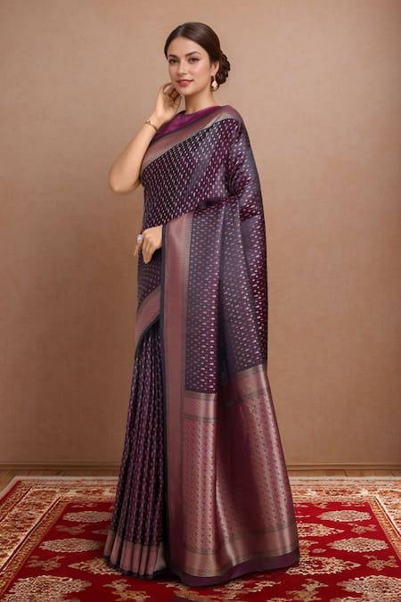 Buy Naintara Bajaj Wine Brocade, Silk Zari Round Neck Banarasi Saree Set Buy_Naintara Bajaj_Wine Brocade, Silk Zari Round Neck Banarasi Saree Set