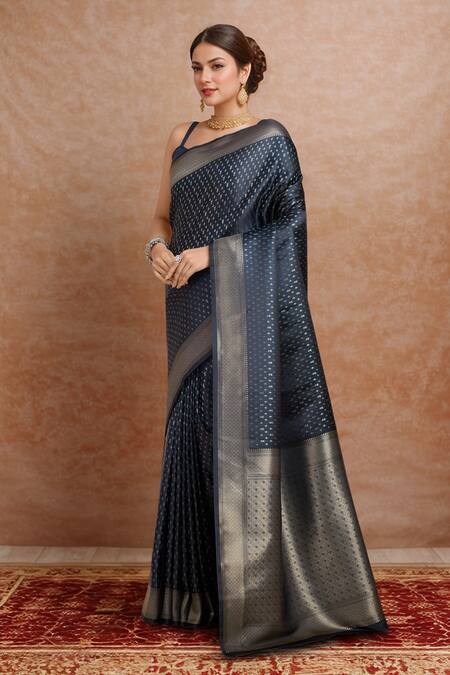 Naintara Bajaj_Blue Brocade, Silk Sweetheart Neck Woven Zari Banarasi Saree _Online_at_Aza_Fashions