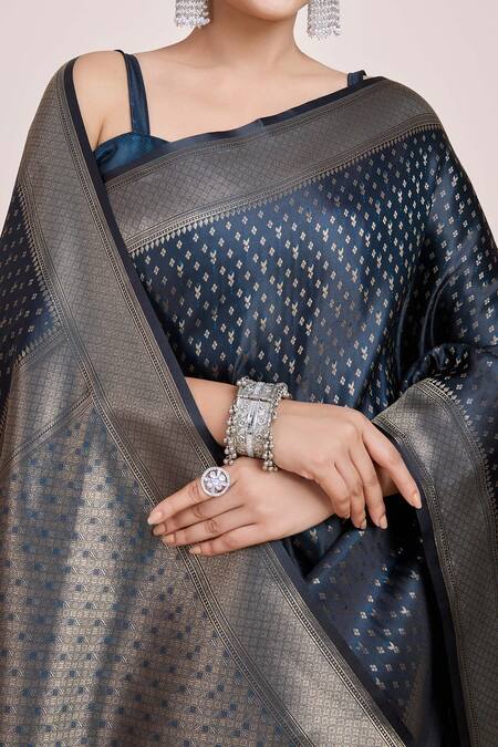 Shop_Naintara Bajaj_Blue Brocade, Silk Sweetheart Neck Woven Zari Banarasi Saree _Online_at_Aza_Fashions