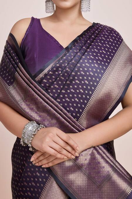 Buy_Naintara Bajaj_Purple Brocade, Silk Zari V-neck Woven Banarasi Saree And Blouse _Online_at_Aza_Fashions