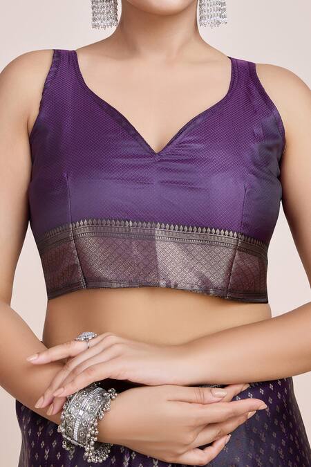 Shop_Naintara Bajaj_Purple Brocade, Silk Zari V-neck Woven Banarasi Saree And Blouse _Online_at_Aza_Fashions